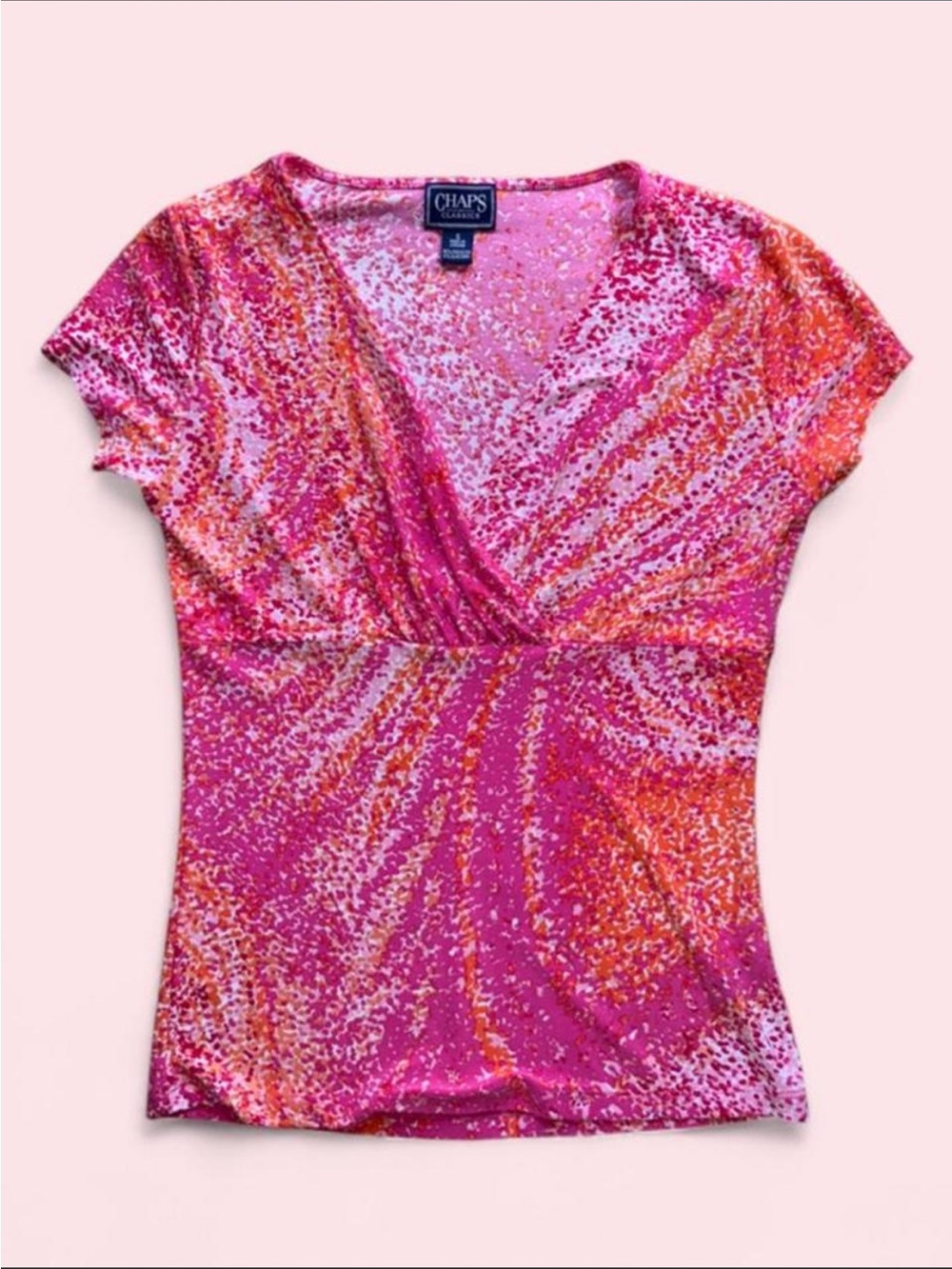 Y2K 2000s Style Chap’s Classics Abstract Pink & Orange V-Neck Faux Wrap Top - Picture 2 of 7